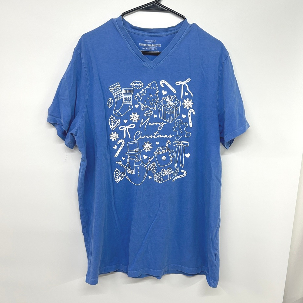 Christmas Graphic Tee XL Blue Snowman Candy Cane Holiday Winter V Neck Shirt